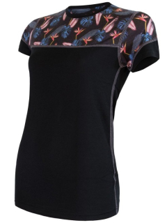 MERINO IMPRESS SENSOR - dámské triko, krátký rukáv, ČERNÁ/FLORAL